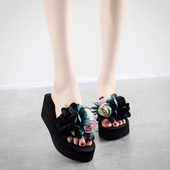 EQWLJWE Fashion Women Slip-on Open Toe Wedges Heels Causal Flower Slipper Slides Shoes Women's Slippers Holiday Clearance