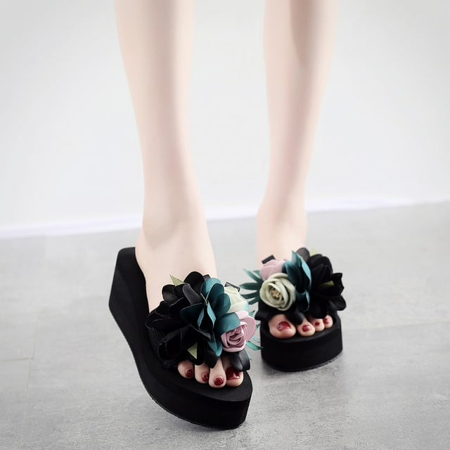 Mode Femmes Mules à Bout Ouvert Talons Compensés Chaussons à Fleurs Décontractés