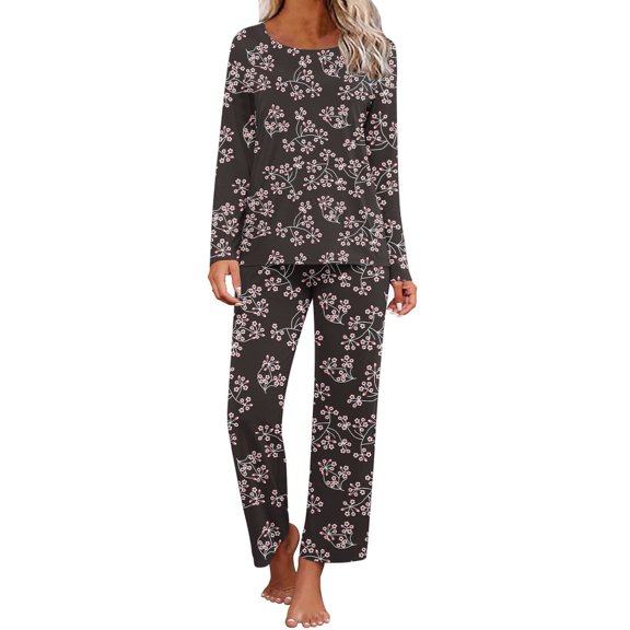 Jinhomg Women Cute Floral Pajamas 2 Piece Casual Sleepwear Outfits Comfy Long Sleeve Crew Neck Tops and Straight Leg Pants Set Spring Saving Today Gray XXL