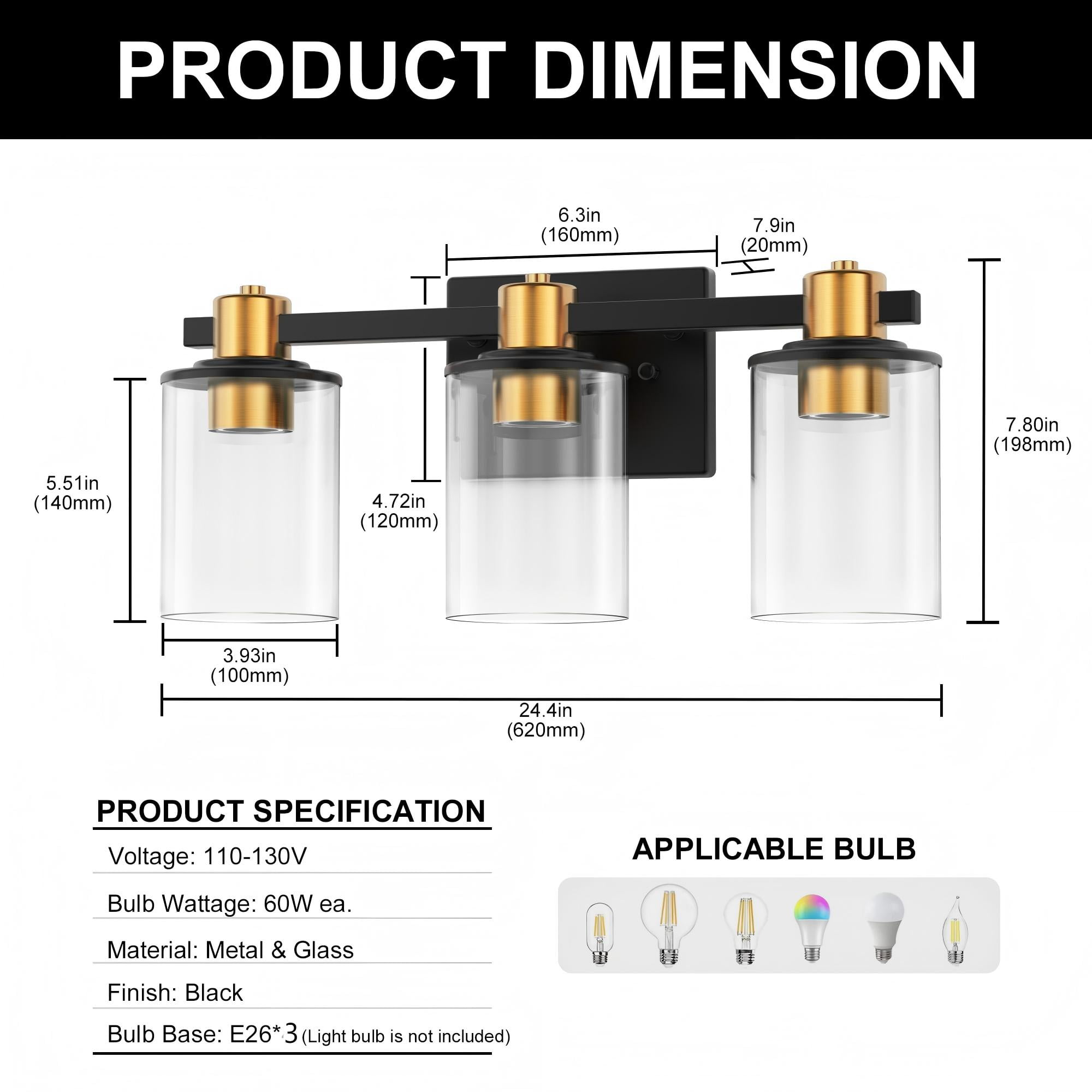 YANSUN 24.4 in 3-Light Black Gold Bathroom Vanity Lighting, Modern Fixture with Clear Glass Shades for Mirror, Vanity Lights for Bathroom Hallway Bedroom