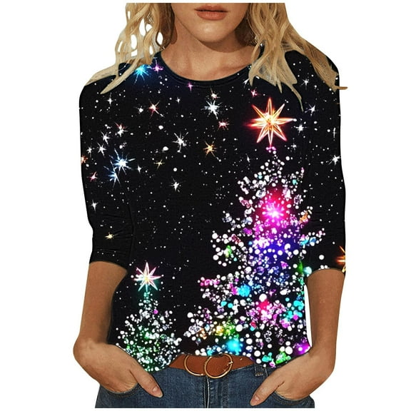 bnaln Christmas Tops for Womens Xmas Jumpers Dressy Casual 3/4 Sleeve Shirts Funny Christmas Tree Graphic Tees Crewneck Loose T-Shirts Xmas Sweatshirt Holiday Pullover Trendy Outfits
