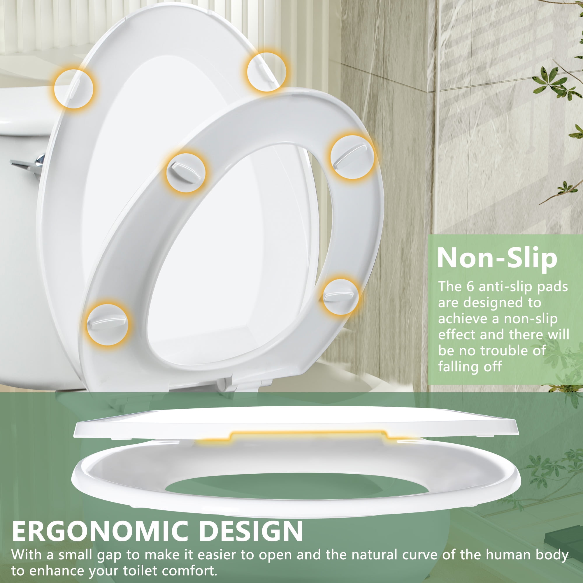 Angol Shiold Elongated Toilet Seat - Slow Close Hinges, Ergonomic Design with Grip-Tight Bumpers, Safe Easy-Clean PP Material , Fit 18.5" Elongated toilet seat, White