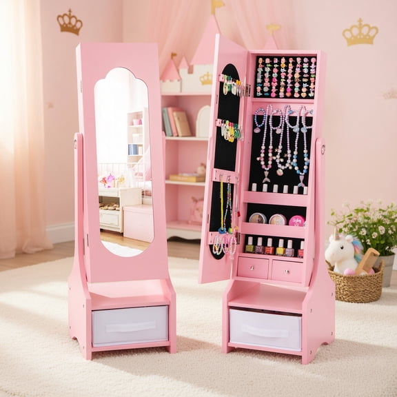 Topcobe Freestanding Kids Jewelry Armoire Cabinet with Storage and 2 Tilt Angles, Kids Furniture for Bedroom-Pink