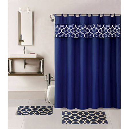 15-piece Hotel Bathroom Sets - 2 Non-Slip Bath Mats Rugs Fabric Shower Curtain 12-Hooks GEOMATRIC NAVY