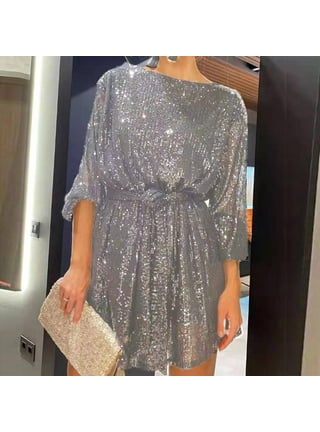 PIMOXV Summer Savings Clearance 2022! Women Slim Elegant Ladies Long Sleeve Holiday Party Mini Dress Women's Sequin Long Sleeve Dress Dress Dresses