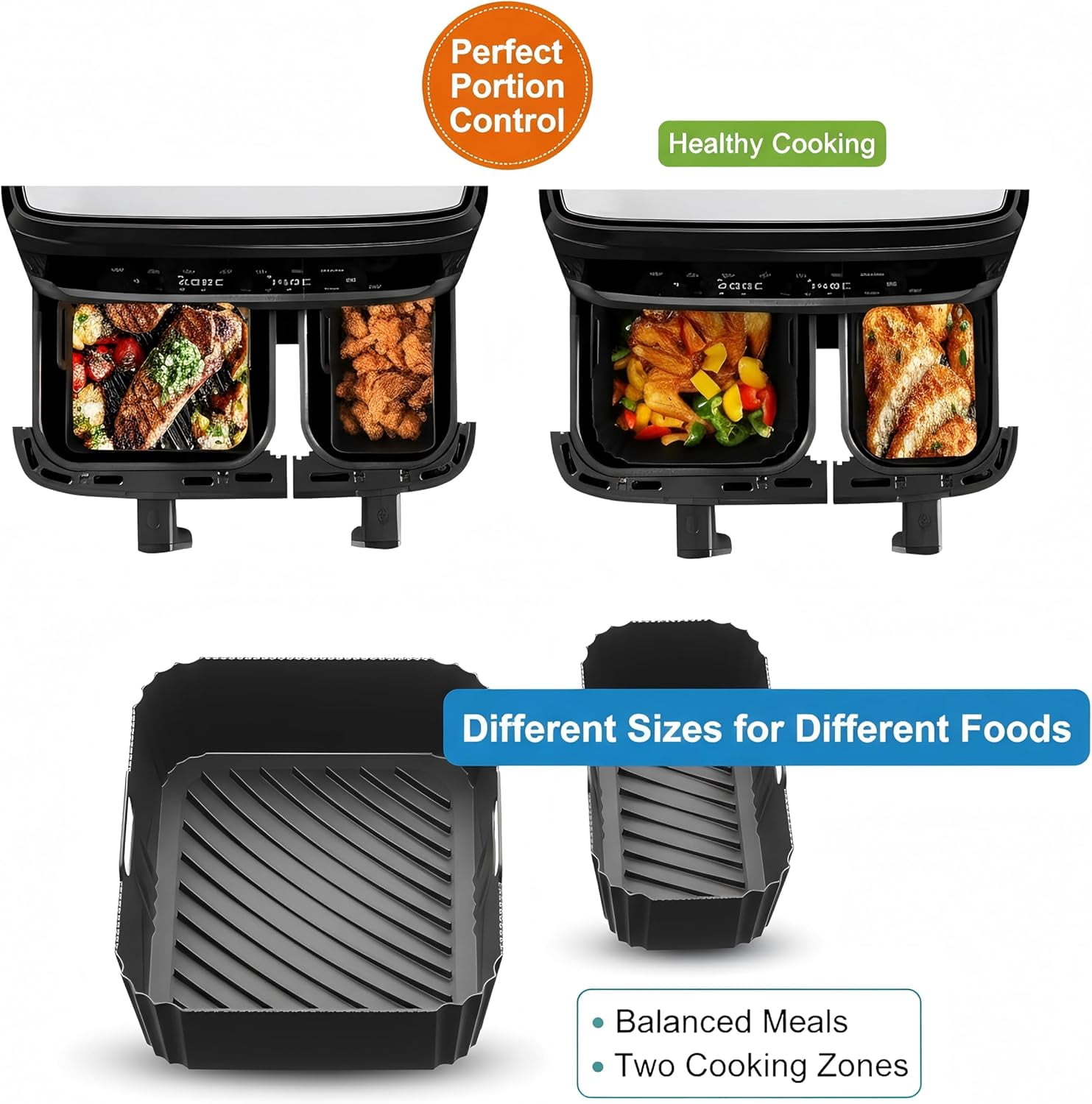 JJEAN-Silicone Air Fryer Liners for Tefal 8.3L Dual Easy Fry, 5.2L + 3.1L 1 Large 1 Small Reusable Air Fryer Liners for Lakeland 8L Tower Salter Dual Air Fryer, BPA-Free Air Fryer Accessories