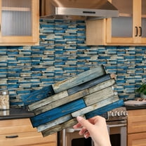 12Piece Self Adhesive Tiles Stickers 4.72 x 9.68inch DIY Decor Blue Gray Wood Grain Wall Decals Waterproof Peel and Stick Kitchen Backsplash