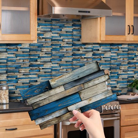 12Piece Self Adhesive Tiles Stickers 4.72 x 9.68inch DIY Decor Blue Gray Wood Grain Wall Decals Waterproof Peel and Stick Kitchen Backsplash