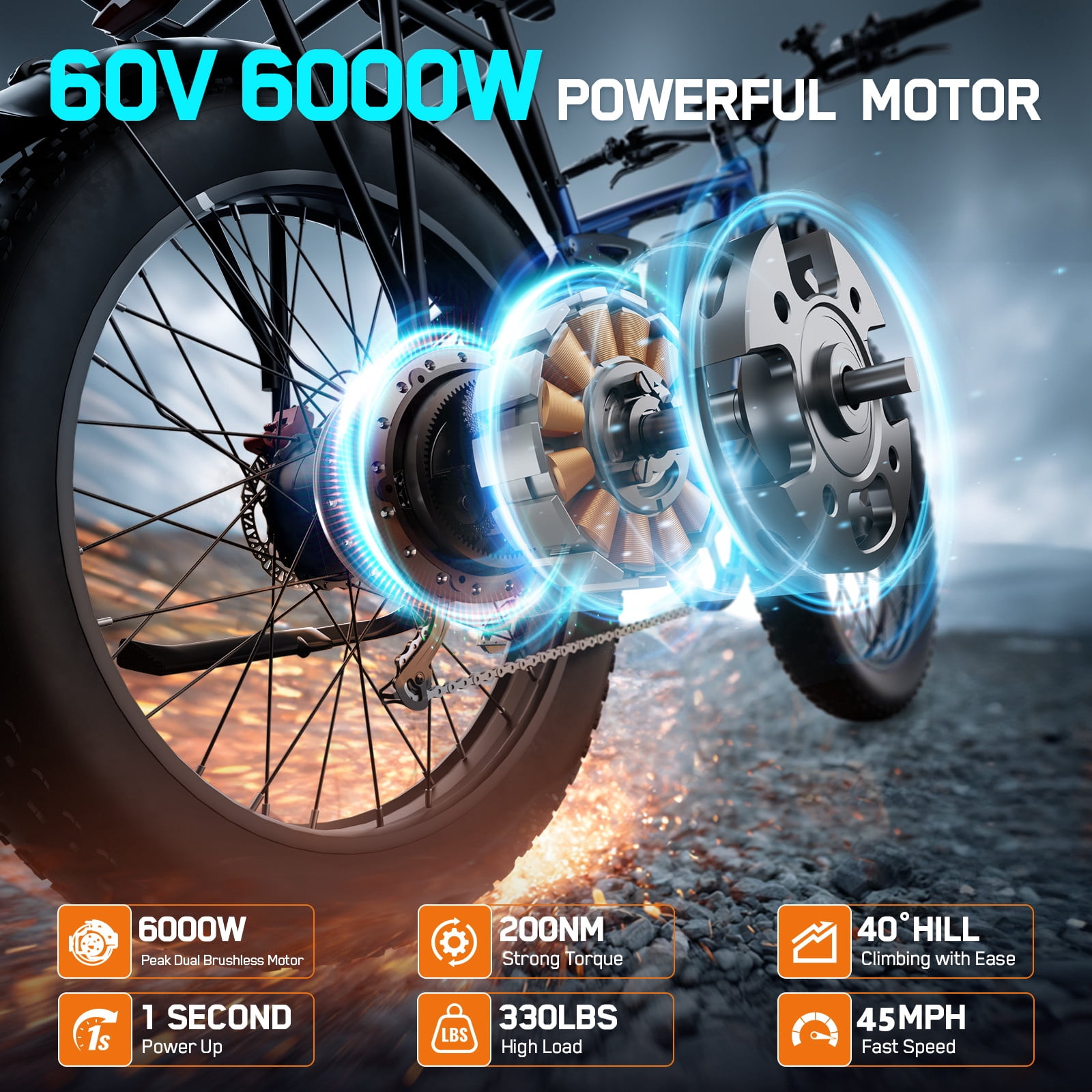 FENGQS 6000W Electric Bike for Adults, 50MPH 100 Miless Electric Mountain Bike, 60V 1200WH Removable Battery, Full Suspension, Dual Hydraulic Disc Brake Ebike-(Dark Blue)