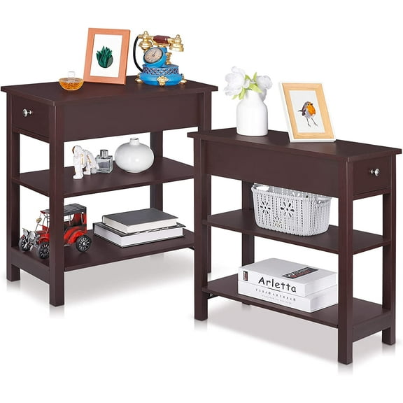 BuySphere 3 Tier Wood End Table Narrow Nightstand with Drawer and 2 Shelves, BedsideTable for Bedroom Living Room, Apartment Small Space, Espresso,2pcs