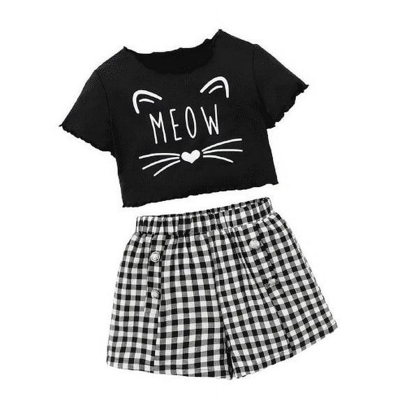 Mikrdoo Big Girls Clothes Cute Cat Print 8 Years Kid Girls Casual Summer T-shirt Elastic Plaid Print Shorts 2Pcs Leisure Outfit Black