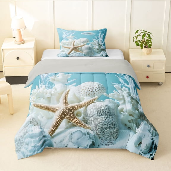 Manfei Kawaii Starfish Twin Comforter Sets,Cute Sea Plant Bedding Set,White Blue,Light Gray Reversible,2-Piece,1 Comforter and 1 Pillowcase