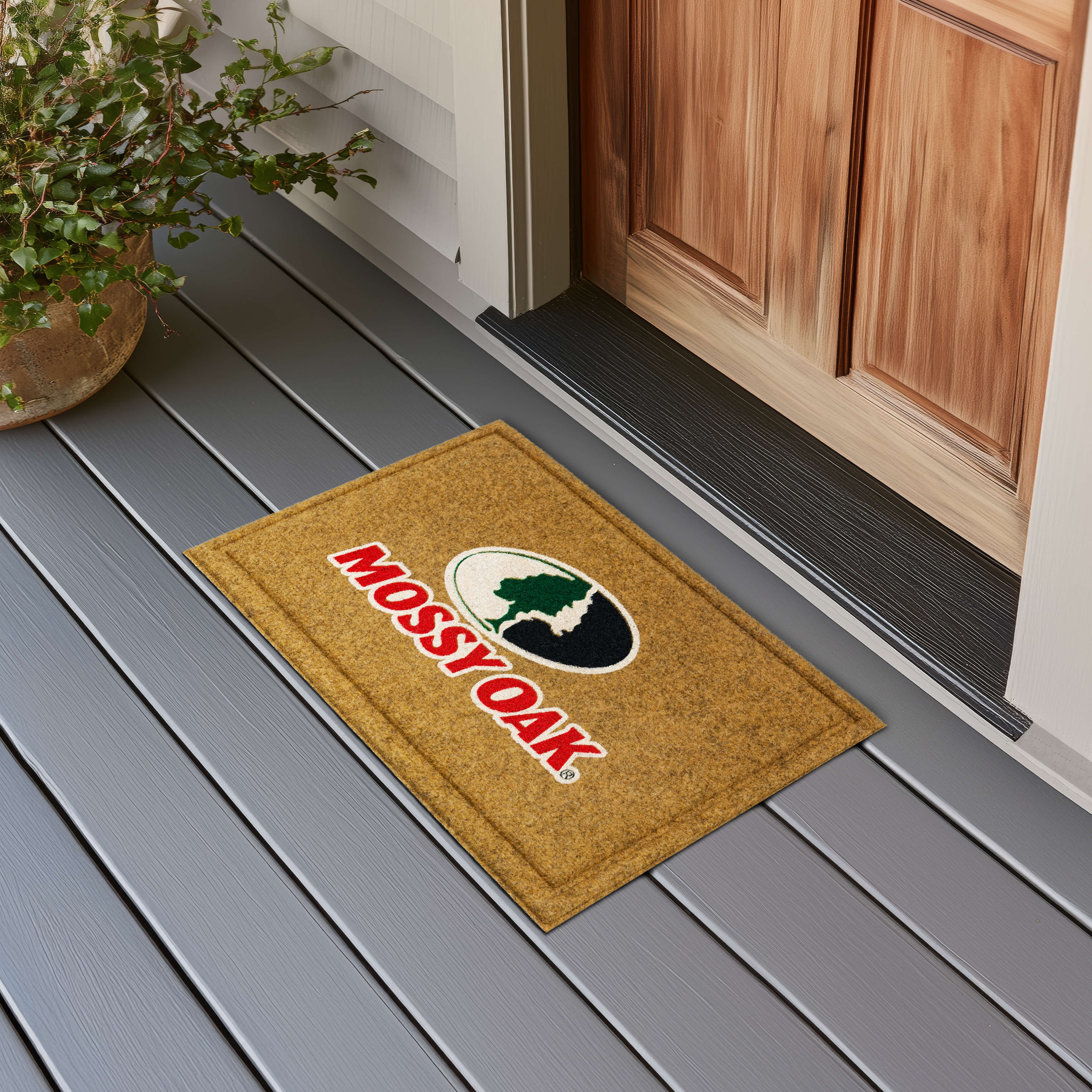 Mossy Oak Logo Recycled Rubber Indoor Outdoor Faux Coir All Weather Non-slip Doormat, Tan, 18" x 30"