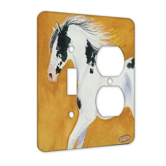 KuzmarK™ 2 Gang Single Toggle / Single Duplex Wall Plate - Blue Eyed Black Pinto Minimal Sabino Horse Art by Denise Every