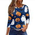 thumbnail image 2 of Womens 3/4 Sleeve Tops Halloween Crewneck Print Causal Loose Fit Three Quarter Sleeve T Shirts Green 2XL, 2 of 5