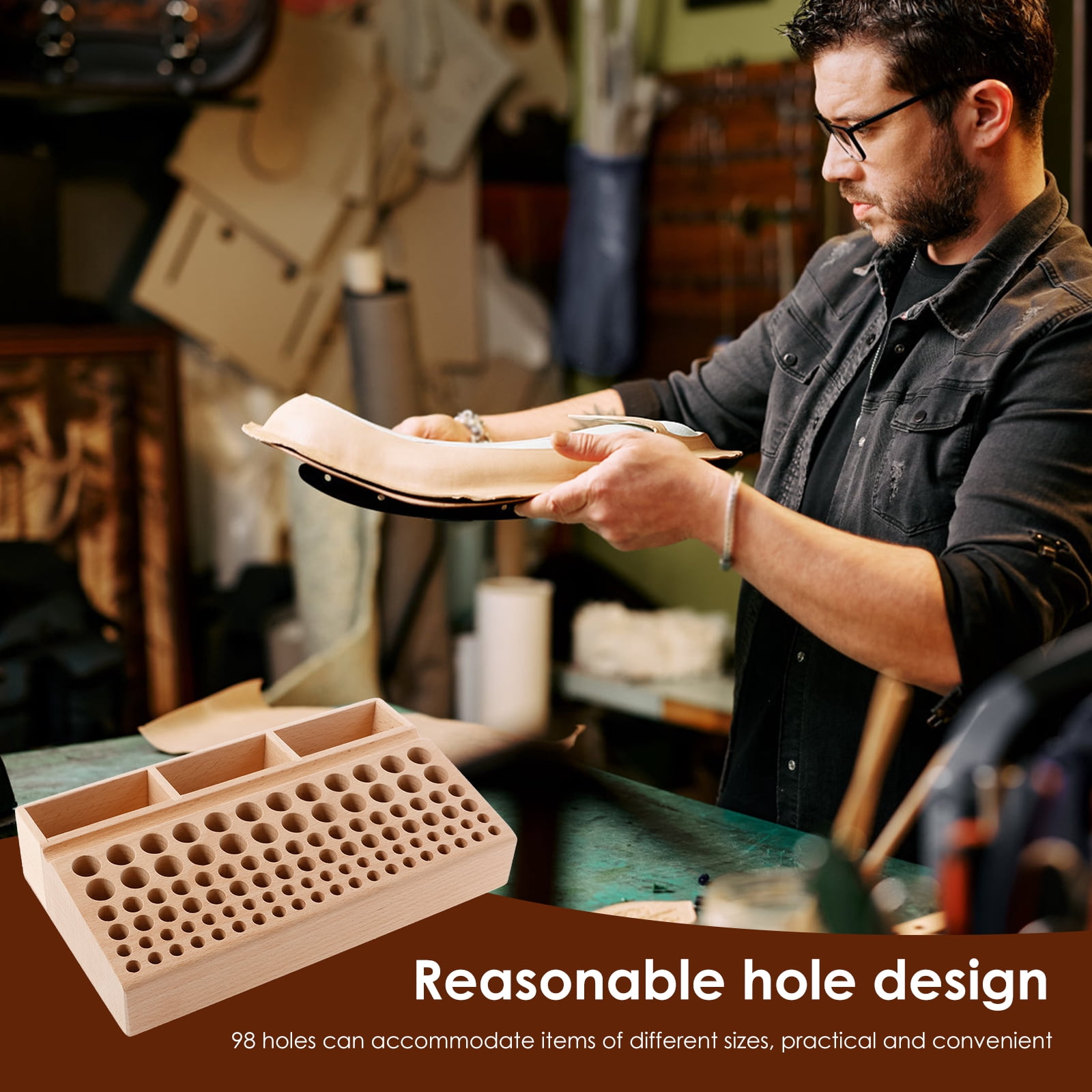 Wekvgz Wood Leather Tool Holder 98 Holes Professional Leather Craft Tool Holder with 3 Slots Large Capacity Leather Working Tool Holder for Hole Punch Leather Tools