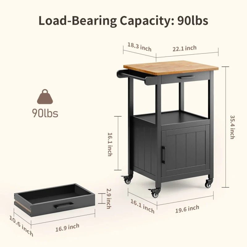 Rolling Kitchen Island Cart with Rubber Wood Countertop, Mobile Storage Cart Featuring Drawer, Cabinet, Shelf and Side Hooks, Compact Microwave Stand for Small Kitchen Spaces, Black