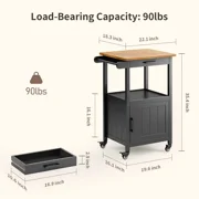Rolling Kitchen Island Cart with Rubber Wood Countertop, Mobile Storage Cart Featuring Drawer, Cabinet, Shelf and Side Hooks, Compact Microwave Stand for Small Kitchen Spaces, Black