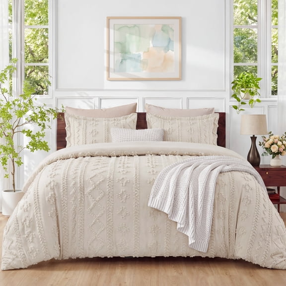 U by Bedsure Tufted Boho Comforter Set Queen, Beige, 3 Pieces Farmhouse Shabby Chic Embroidery Bedding Set, Soft Jacquard Comforter for All Seasons