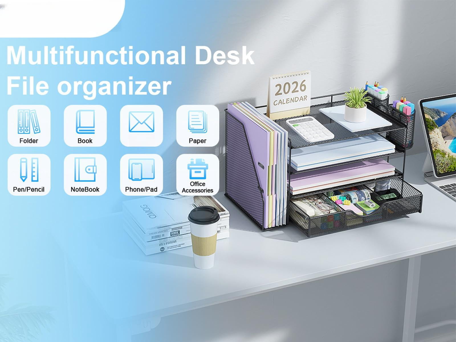 Desk Organizers And Accessories With File Holder  4-tier & Workspace Drawer 2 Pen Paper Organizer For Office Supplies (black)