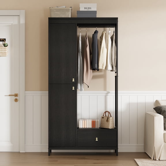 Wardrobe Closet,79 ” Tall Wood  Armoire with 1 Storage Cabinet&Hanging Rod and Drawer, Freestanding  Clothing Storage Cabinet with Mesh Side for Bedroom, Office, Apartment