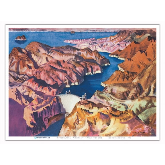 Hoover Dam Black Canyon of the Colorado - Nevada Arizona - United Air Lines - Vintage Airline Travel Poster by Millard Sheets c.1952 - Master Art Print (Unframed) 9in x 12in