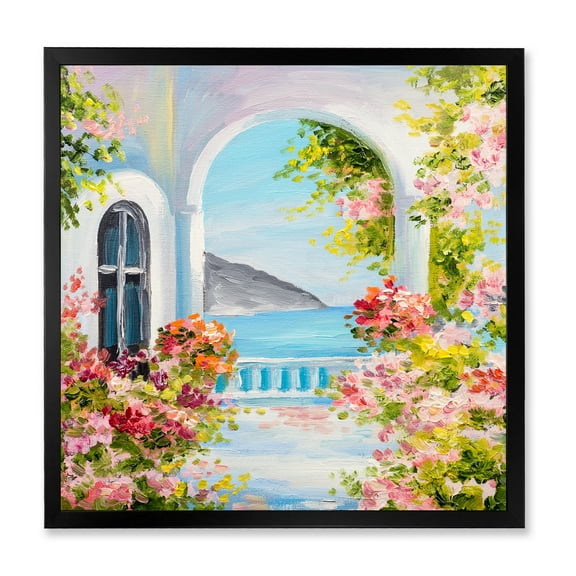 Designart 'Pink Flowers With Traditional Greek House' Nautical & Coastal Framed Art Print