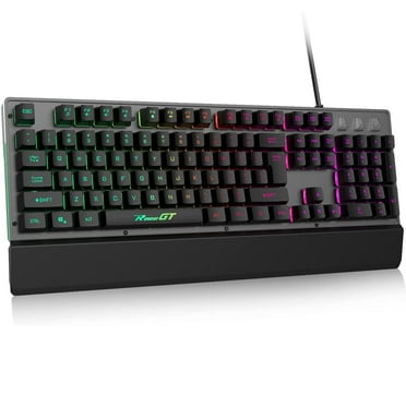 Gaming Keyboard, RaceGT Wired Mechanical Feel Membrane Computer Keyboard, 104 Keys Full Size Gaming Keyboard Rainbow Backlit LED Splash-Proof Design for PC, Wrist Rest