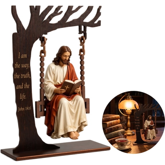 Jesus Swing Figures,Christian Swing Ornament,7.9" x 5.9" Wooden Tree Swing Statue Jesus Reading Bible Christmas Office Tabletop Accent
