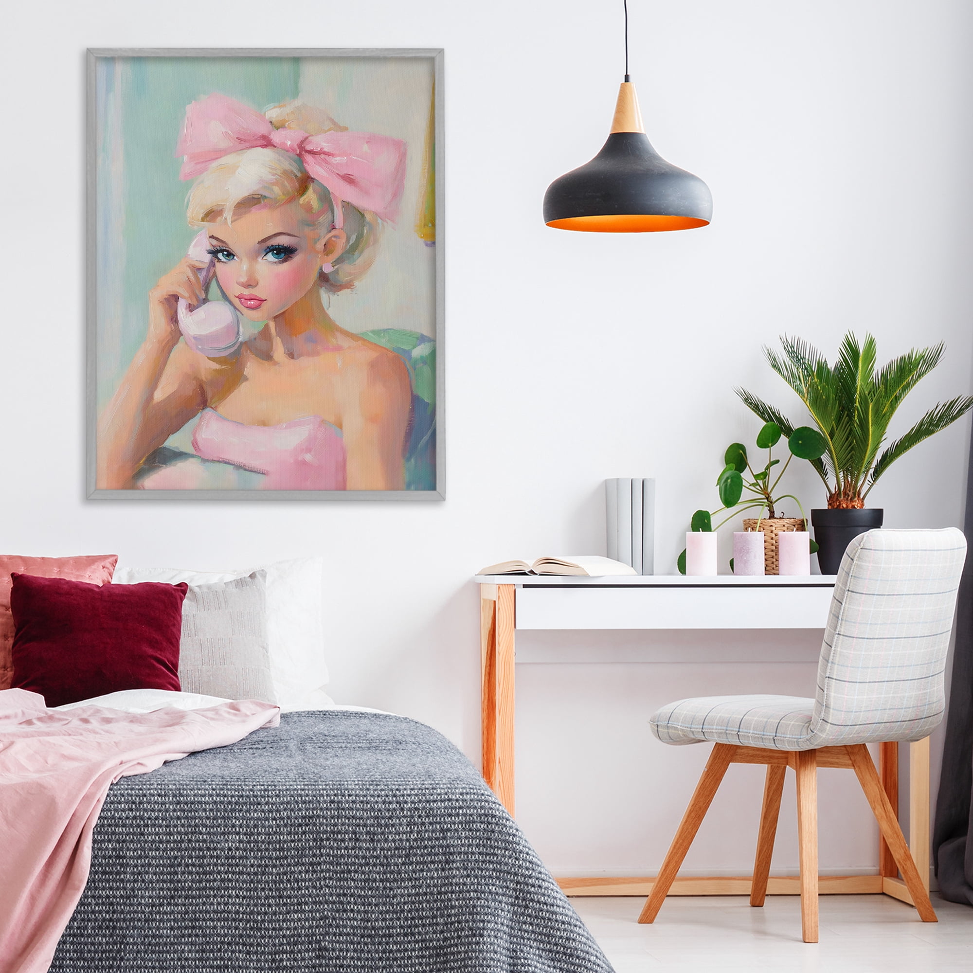 Stupell Industries Blonde Girl with Pink Bow Gray Framed Giclee Art, design by The Prints Vibe