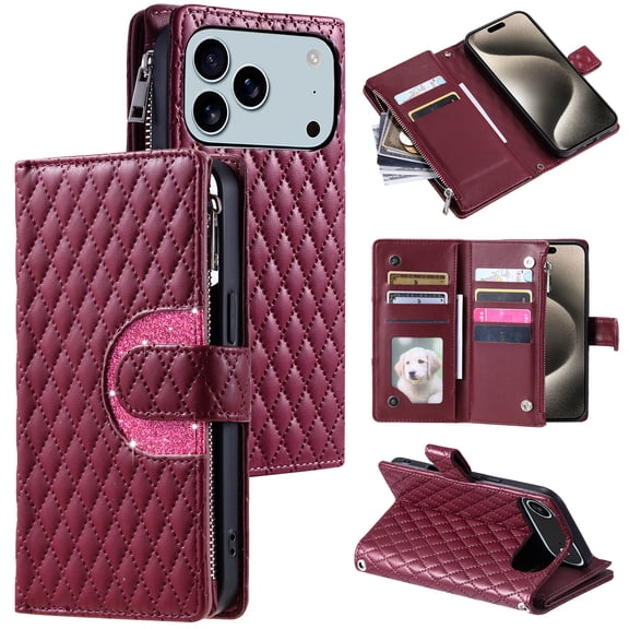 for iPhone 17 Wallet Case with Card Holder & Kickstand & Wrist Strap, Flip Folio Book Style PU Leather Shockproof Protective Phone Cover with Crossbody Strap for iPhone 17, Winered