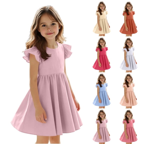 Afuyipoi Girls Solid Color Ruffle Sleeve Dress (1-8 Years) Summer Backless Sundress with Bow Tie Waist and Pleated Skirt for Party & Vacation Pink 3T