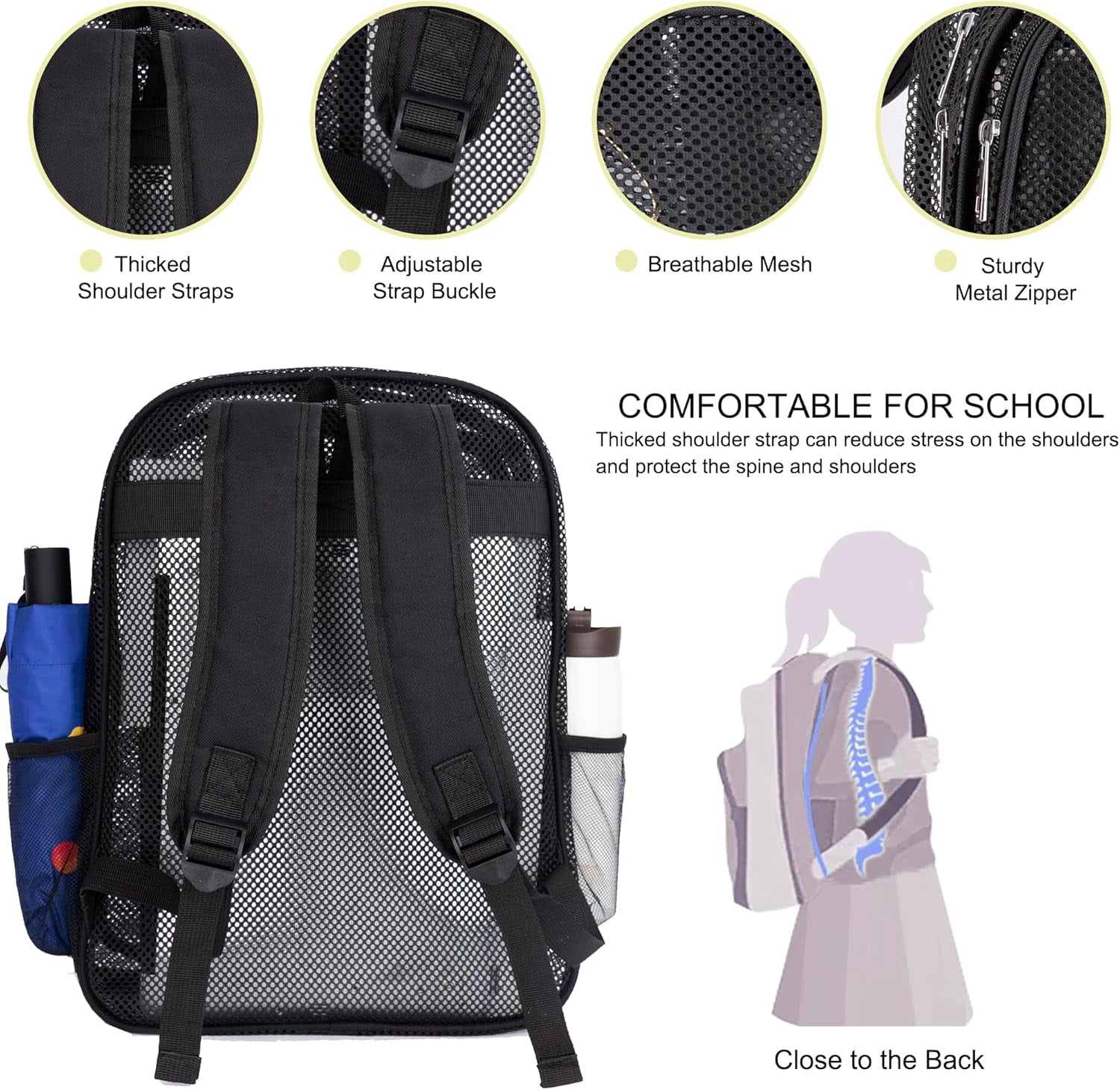 Ludolm Heavy Duty Mesh Backpack, See Through College Mesh Backpack, Semi-transparent Mesh Bookbag with Comfort Padded Straps for Commuting, Swimming, Beach, Outdoor Sports