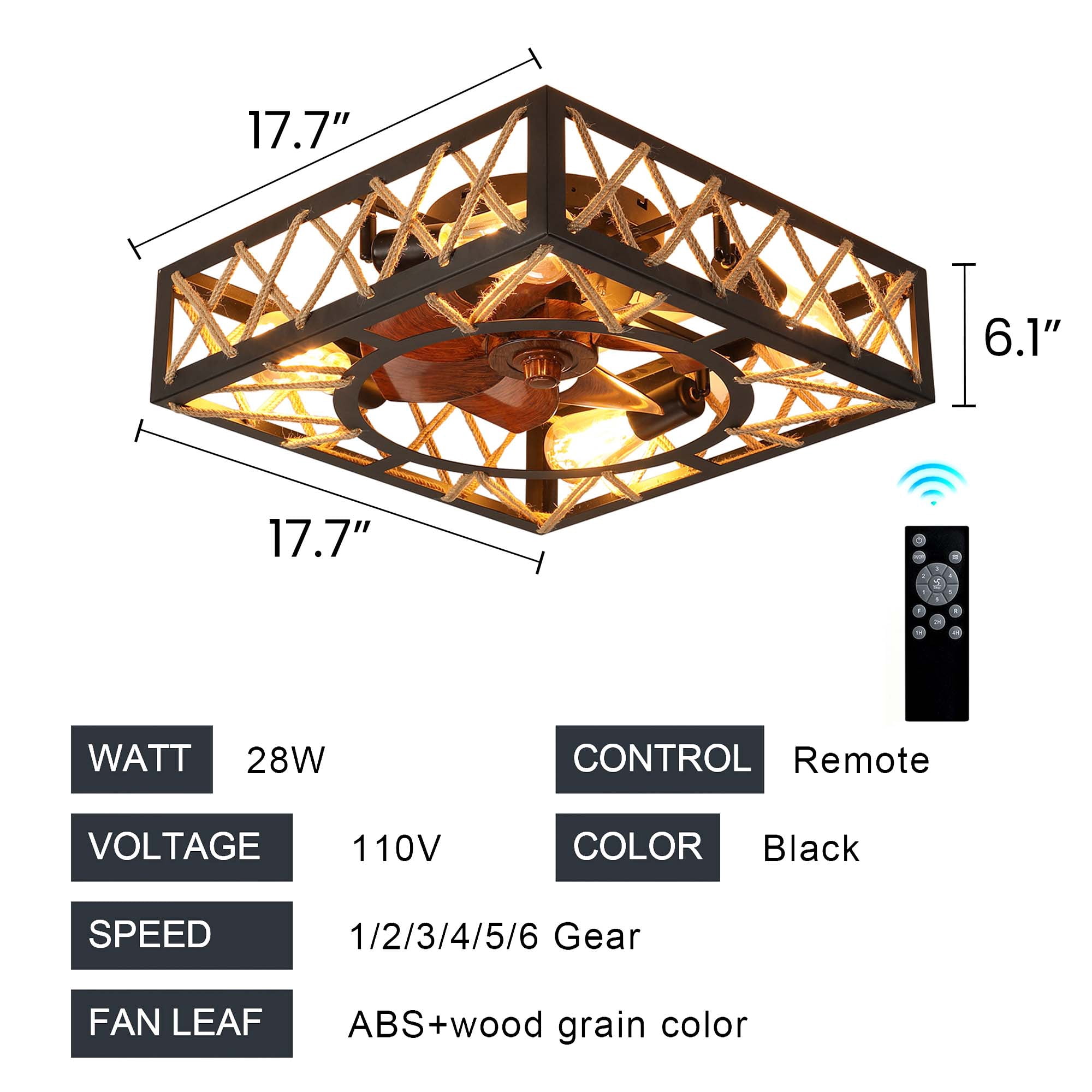 Aukfa Modern Low Profile Drum Cage Ceiling Fan with Light - Remote Control, Bladeless, 360-Degree Oscillating Design