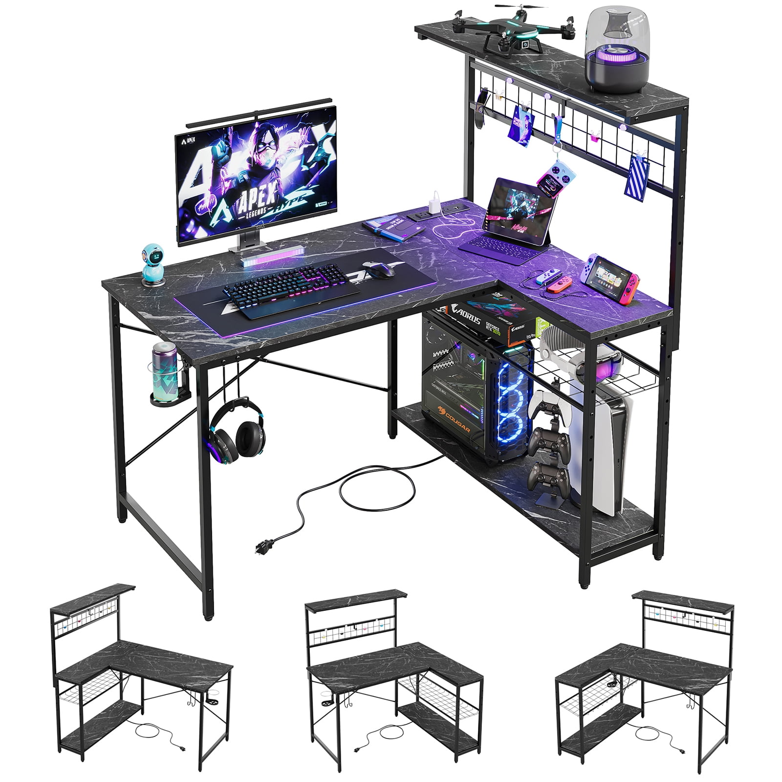 Bestier 42 inch Gaming Desk with LED Lights & Power Outlet, Reversible L Shaped Computer Desk with Hutch & Storage Shelves, Black Marble