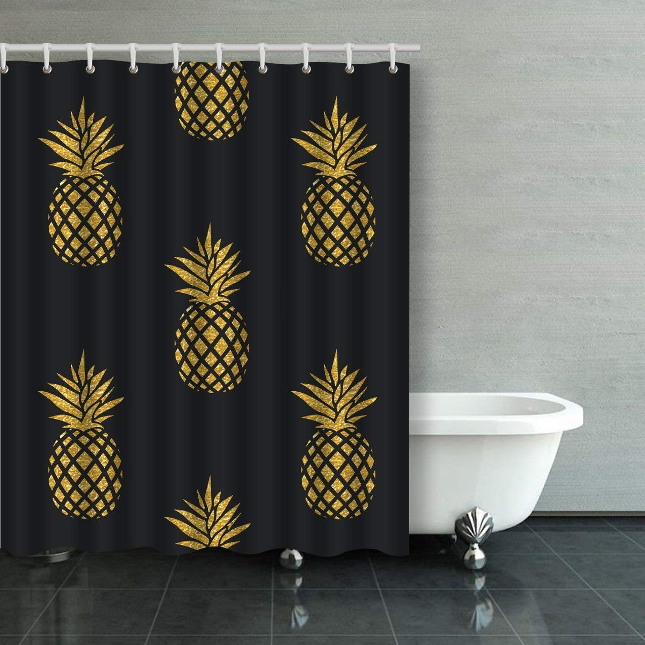 BPBOP Summer Gold Pineapple On Black Background Shower