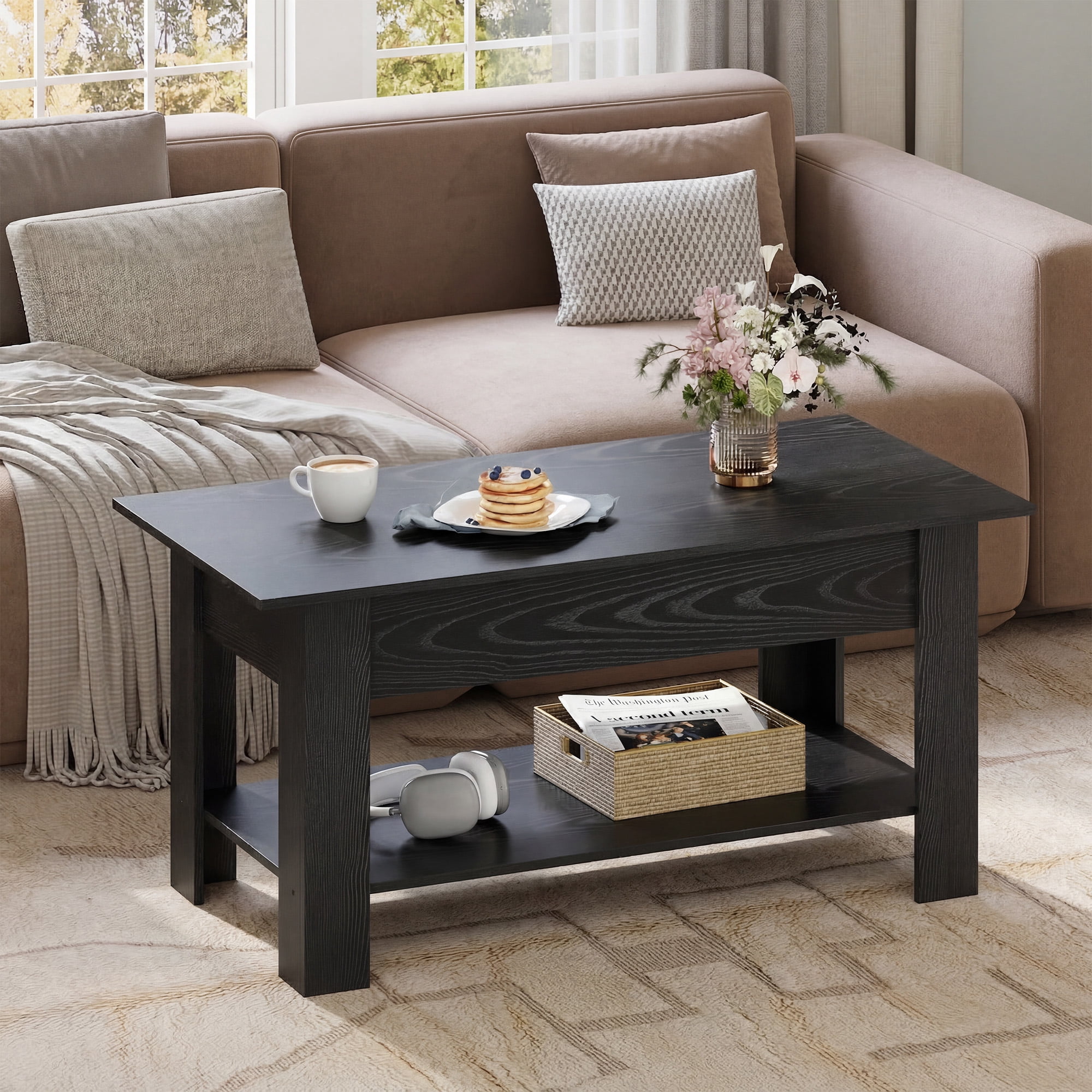 GALAXHERO 39" Lift Top Coffee Table with Storage Shelf & Hidden Compartment and Lifting Top for Home Living Room Office and Reception Room Black Oak