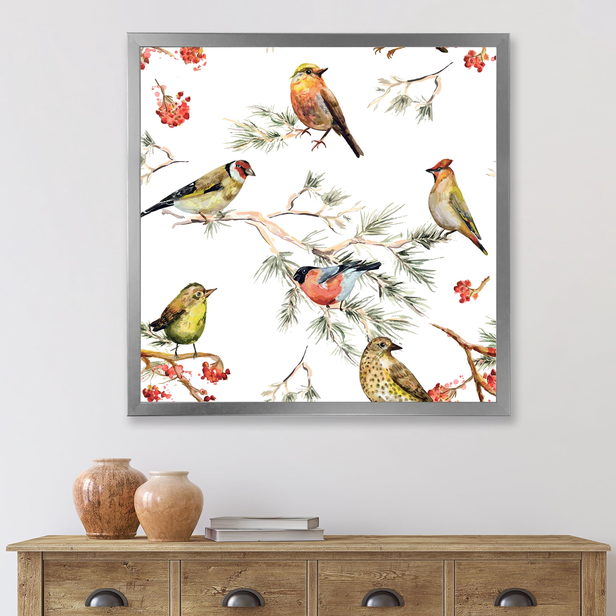 Designart 'Forest Birds Sitting On Branches' Traditional Framed Art Print