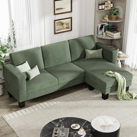 XH L-Shaped Convertible Sectional Sofa 3 Seater with Corduroy Fabric, Complete with Mobile Footrest, for Living Room, Apartment and Office, 70", Green