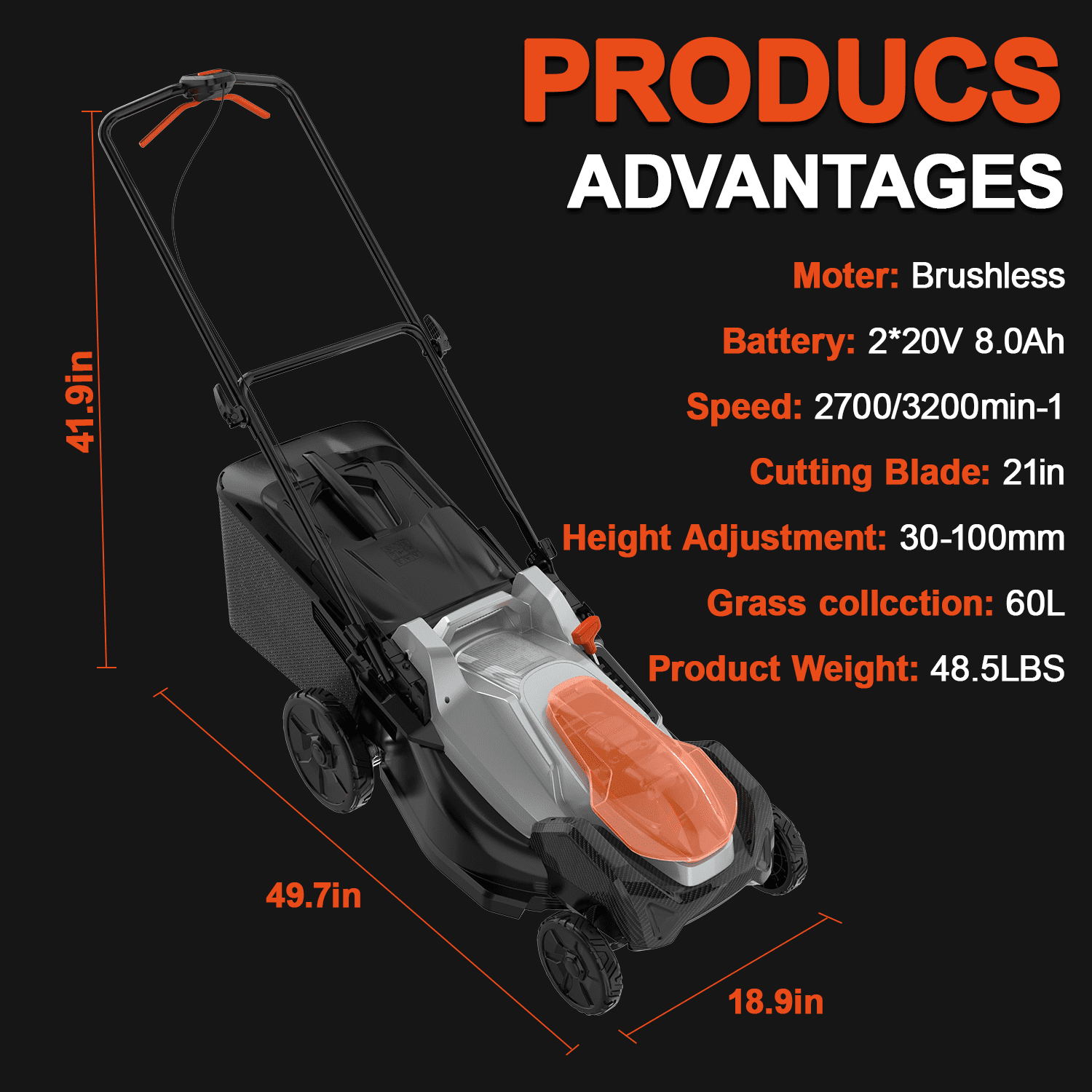 FLOYANT 21in Lawn Mower，Electric Lawn Mower with 8-Position Height Adjustment,Battery Powered Cordless Lawn Mowers with 60L Grass Bag, 2 x 8.0Ah Batteries & Charger Included