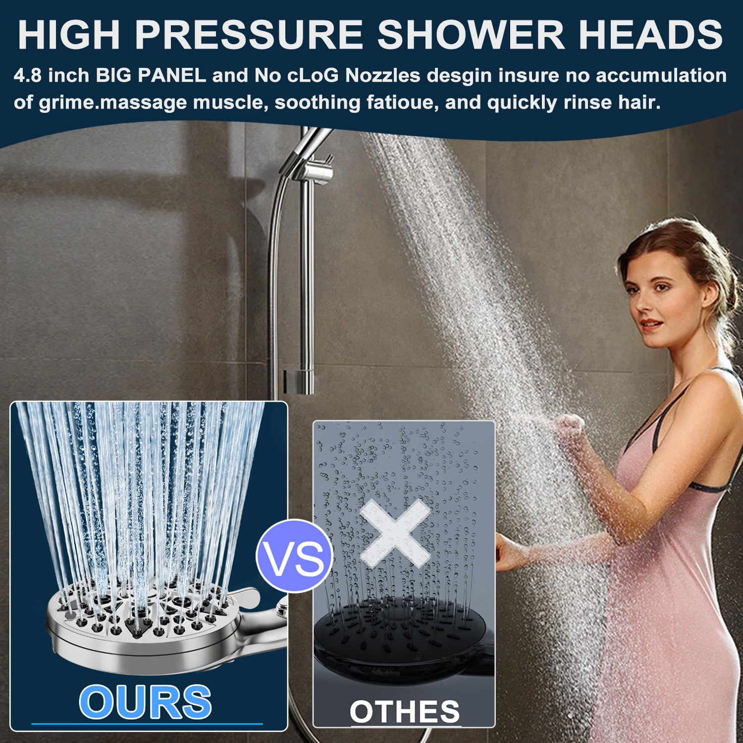 High Pressure Handheld Shower Head, 4.8" Large Panel Rain Shower Head with 9 Spray Modes, One-Touch Pause Button, Long Hose and Adjustable Bracket for Bathroom Cleaning and Pet Bath