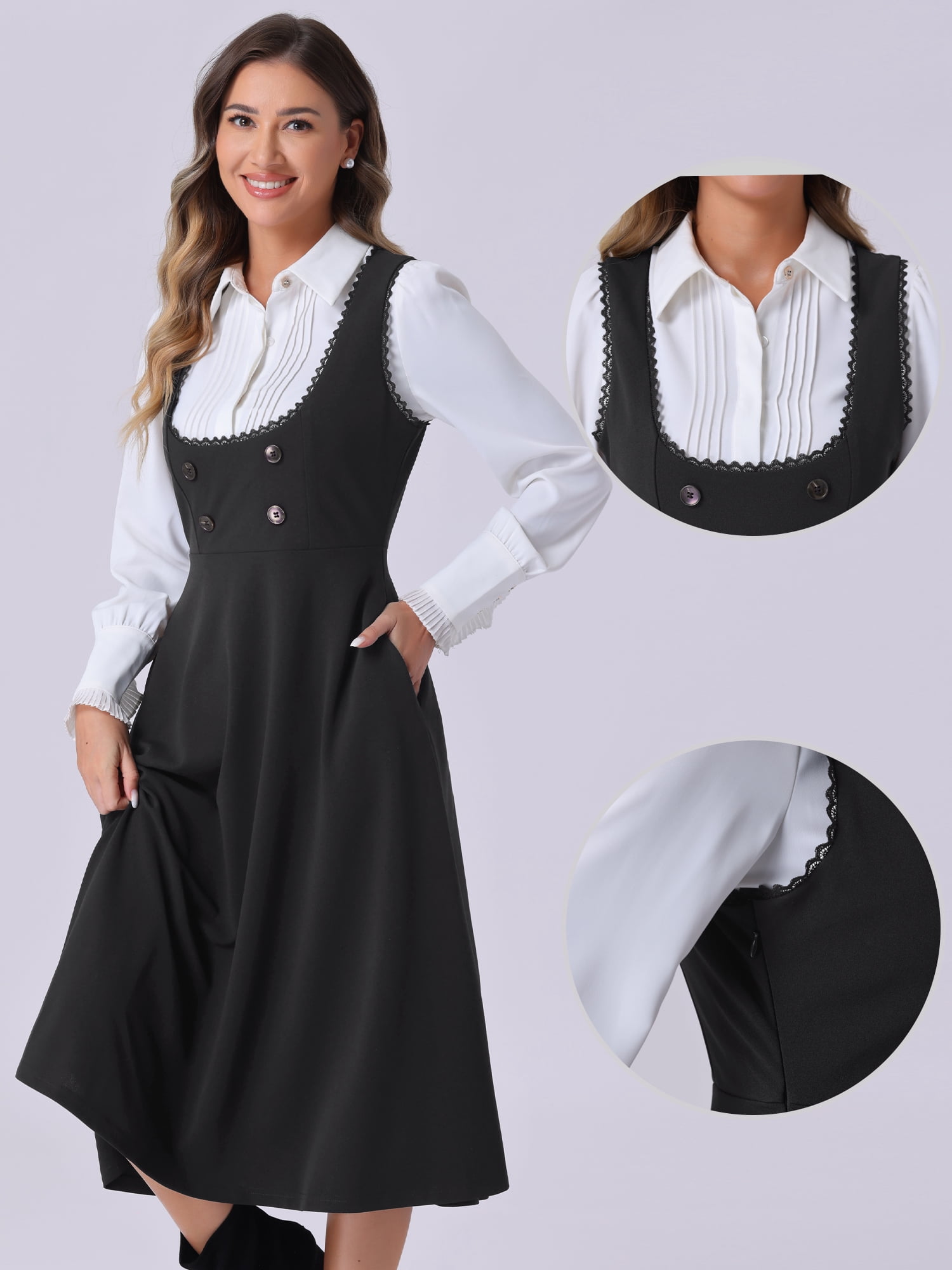 DARING DIVA Women's Lace Trim Button Overalls Midi Vintage Pinafore Dress S Black