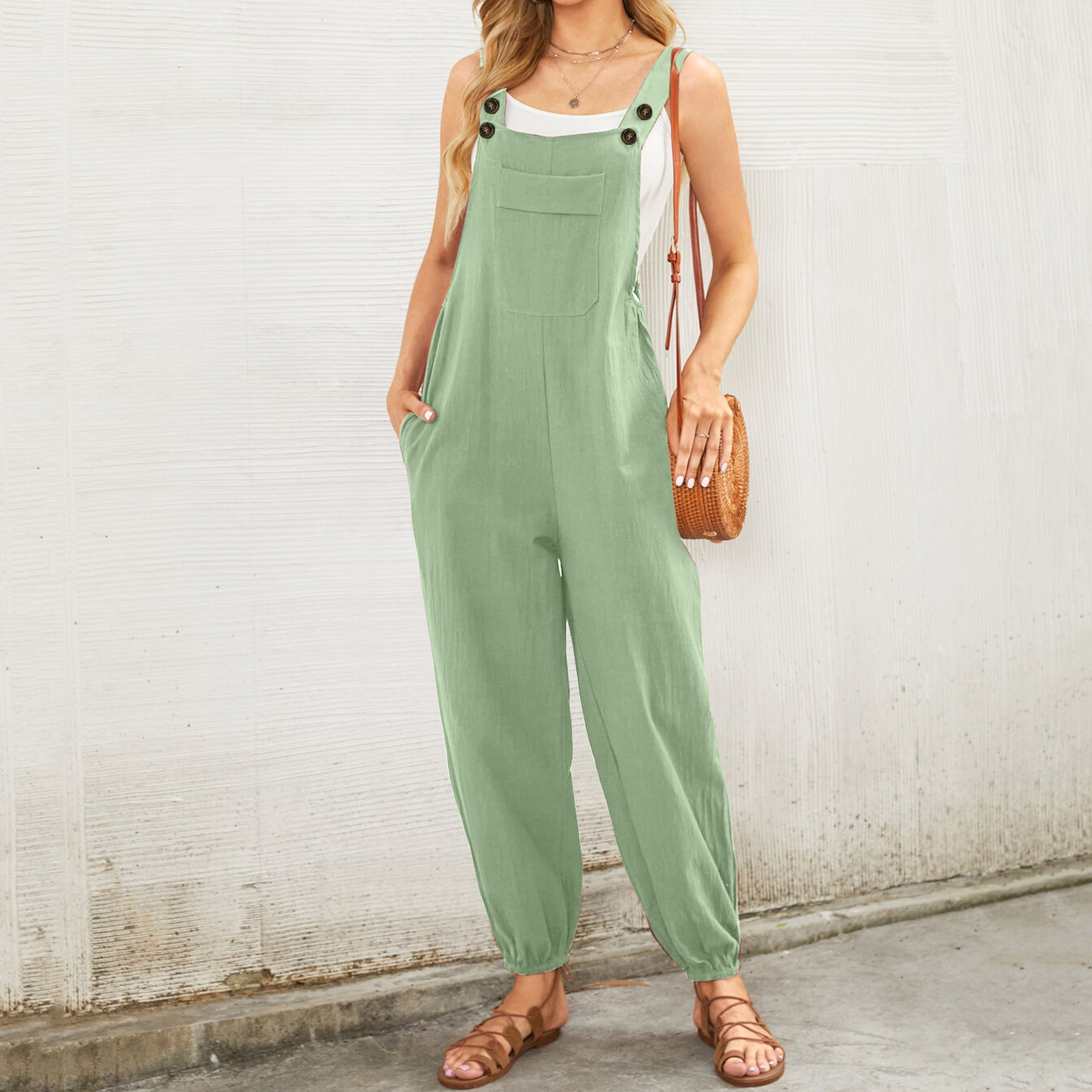 Women's Sleeveless Overalls Jumpsuit Casual Solid Summer Wide Leg Bib Pants  Bottons Jumpsuit Romper With Button Pockets Overall Pajamas Junior Jumpsuits  And Rompers