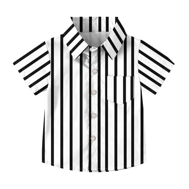 Chemise d'Uniforme Scolaire à Manches Courtes pour Enfants, Imprimé à Rayures avec Poche, Mélange de Polyester, Col Rond, Coupe Décontractée, Tissu Respirant