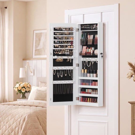 LEDREM Wall-Mounted Jewelry Cabinet with Lock & Full-Length Mirror, Wall Hanging Organizer with Makeup Trays, Armoire Type,White