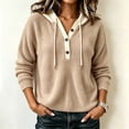 thumbnail image 2 of TtopsQueen Women Ribbed Knit Hooded Sweater, Henley Button Placket Contrast Hood Drawstring Pullover, Drop Shoulder Long Sleeve Relaxed Fit Warm Knitwear for Fall Winter Daily Wear Khaki,XXXXL, 2 of 5