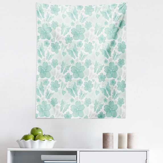 Turquoise Tapestry, Flowers Butterflies Leaves Pattern Springtime Romantic Design Nature, Fabric Wall Hanging Decor for Bedroom Living Room Dorm, 5 Sizes, Turquoise Seafoam Pearl, by Ambesonne