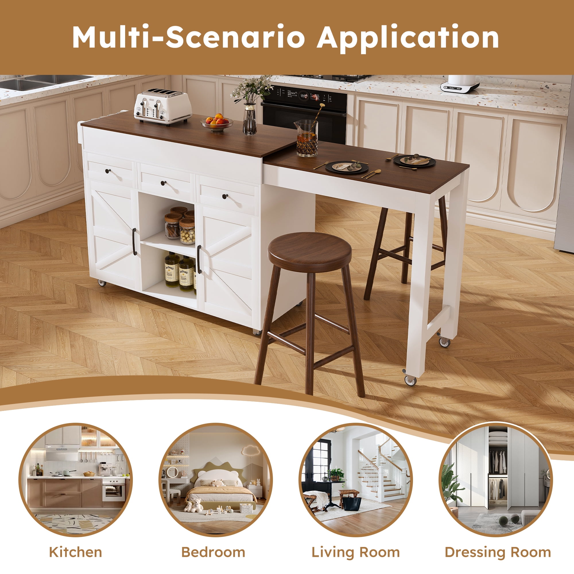 74.8" Kitchen Island with Extendable Dining Table & Power Outlet - Rolling Storage Cart on Wheels with 3 Drawers & 2 Door Cabinet for Dining Room, White
