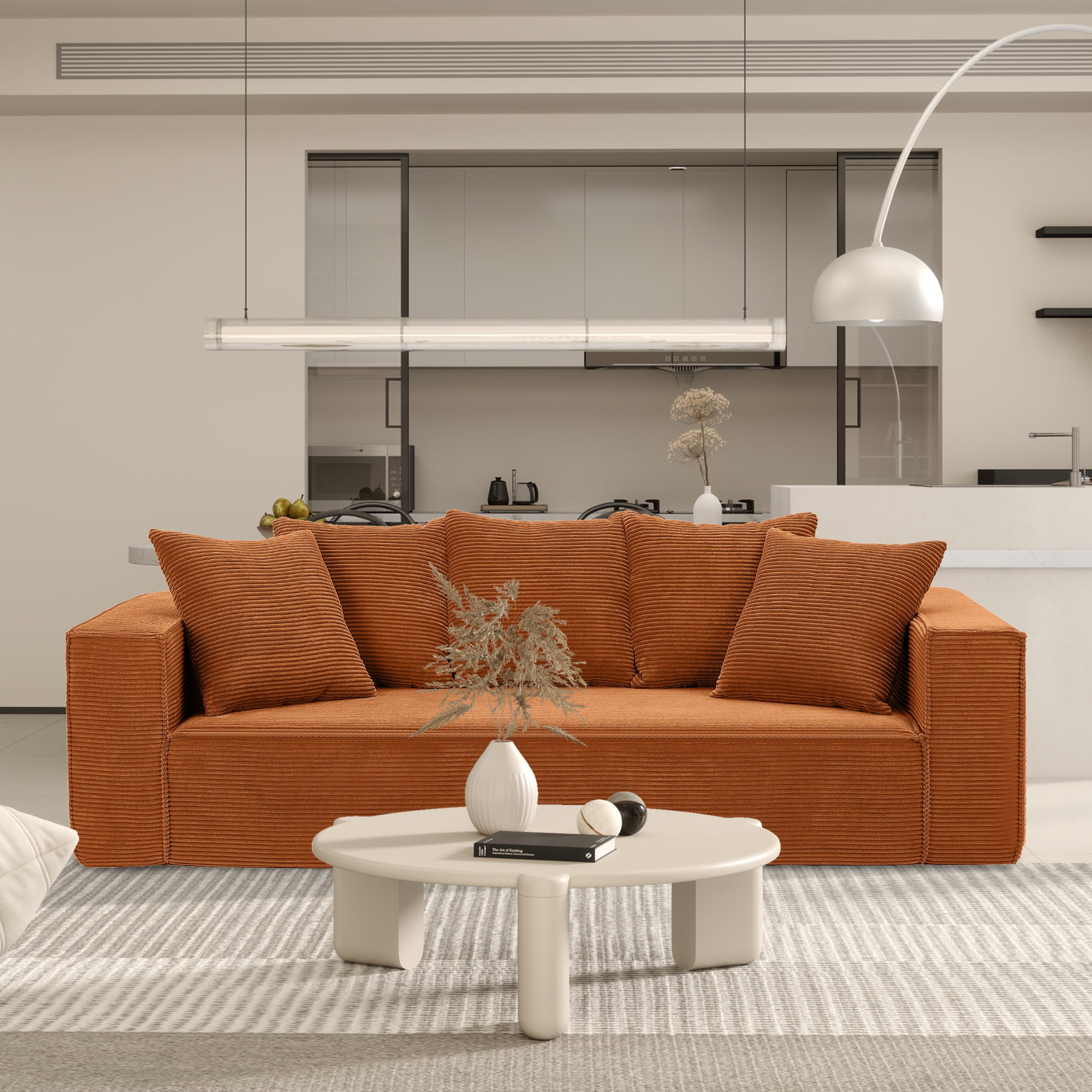 Aukfa 89" Upholstered Sleeper Sofa Couch, Corduroy Living Room Sofa,5 Pillows, Assemble-Free,Orange