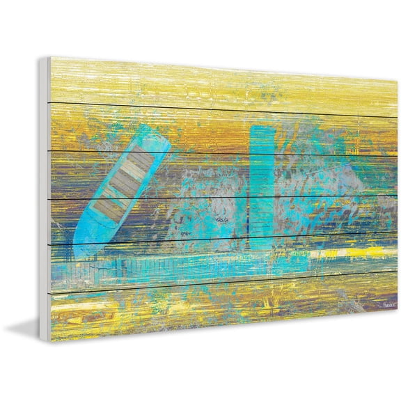 "Blue Boat Docked" Painting Print on White Wood